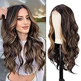 Stamped Glorious Mixed Brown Wig for Women Long Upgraded Middle Part Curly Wavy Wig Natural Looking Synthetic Heat Resistant Wig for Daily Party-24 Inch
