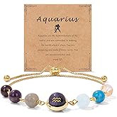 Raicegs Zodiac Bracelets for Women 18K Gold Plated Natural Stone Zodiac Sign Bracelets Gemstone Beads Healing Crystal Bracelets Constellation Horoscope Jewelry Gifts