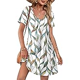OFEEFAN Summer Dresses for Women 2025 Loose V Neck Short Sleeve Casual T Shirt Dress Sundresses Swimsuit Coverup with Pockets