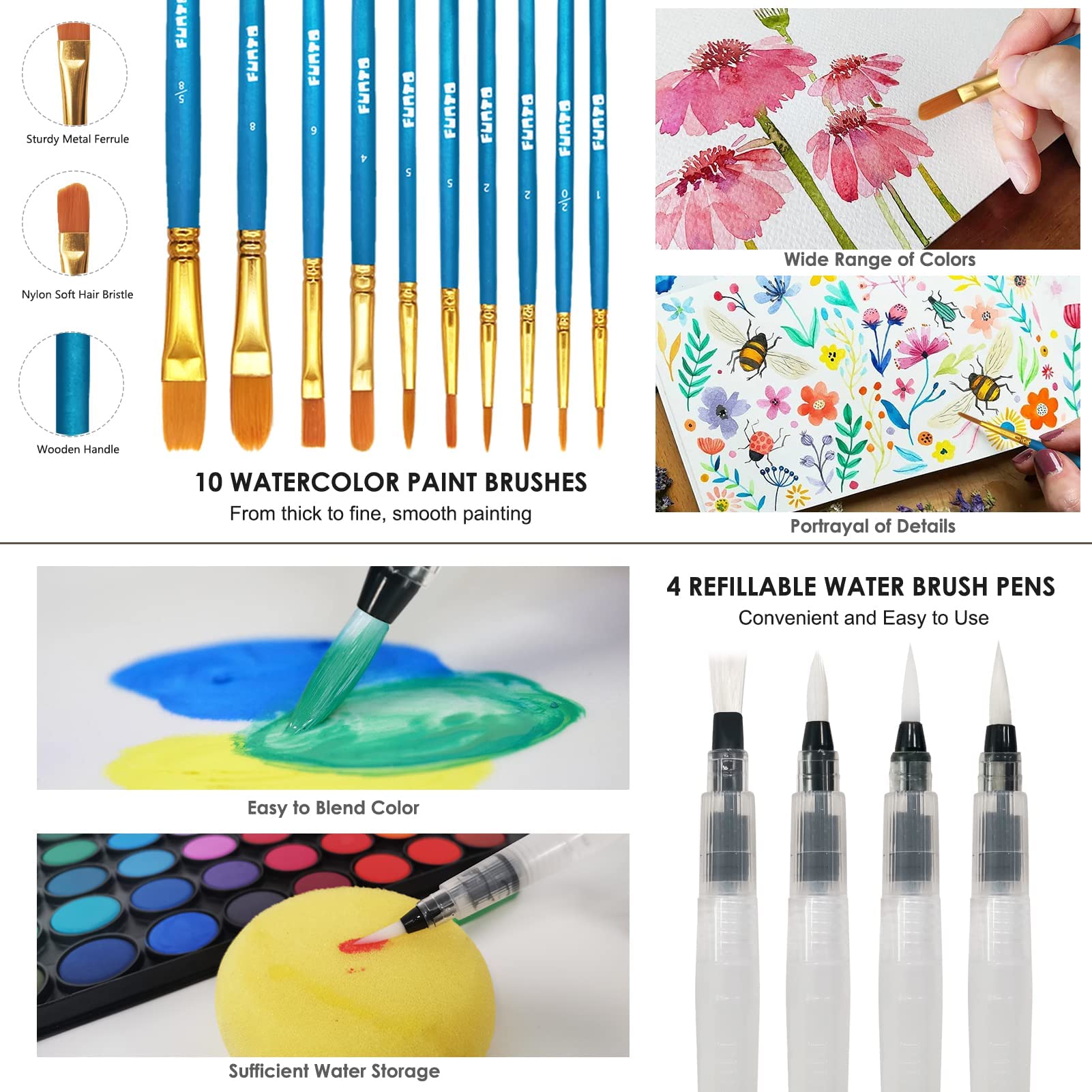 Funto Watercolor Set, 48 Color Paint Set, 10 Brushes, 30 Page Pad(9
