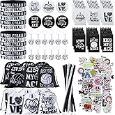 Lenwen 128 Pcs Volleyball Party Favors Sports Gifts for Girls Volleyball Drawstring Backpack Bags Keychain Bracelets Badge Pins Sticker Pencils Spiral Notebooks for Sport Party Supplies