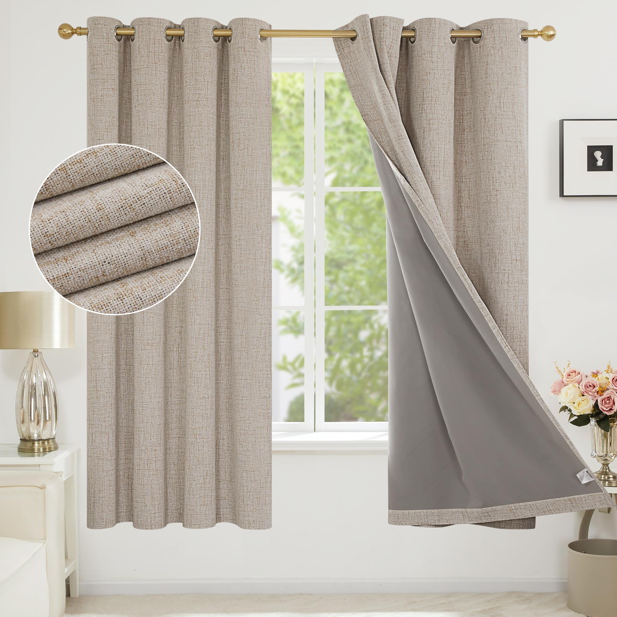 Deconovo Faux Linen Total Blakcout Thermal Curtains with Coating 72 Inch Drop, Eyelet Curtains for Kids Bedroom, 46 x 72 Inch(Width x Length), Taupe, One Pair