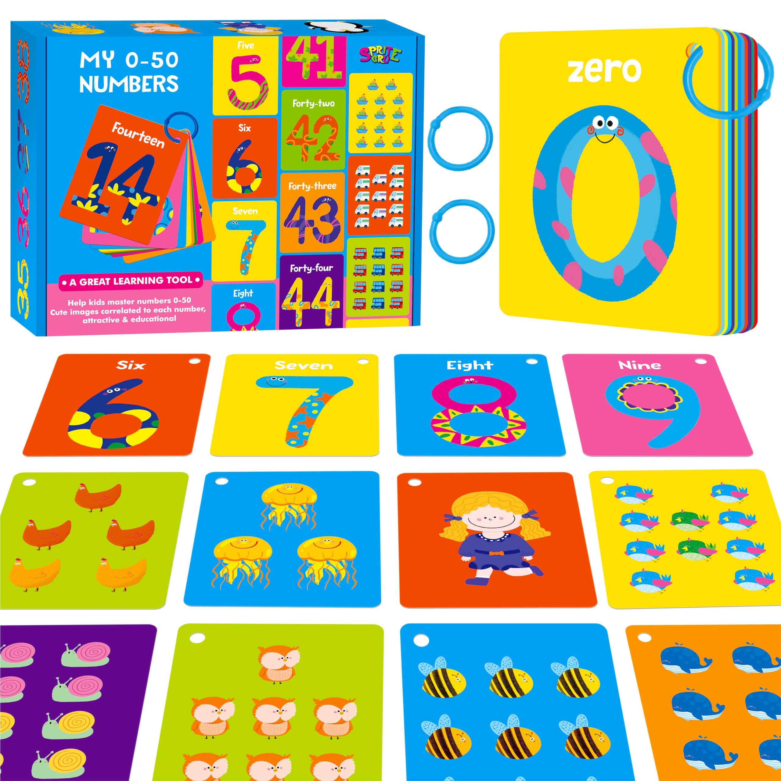 SpriteGru 51 PCS Number Flashcards, 0-50 Double Sided, Educational & Fun, Ages 3+, Mathematics, Flashcards