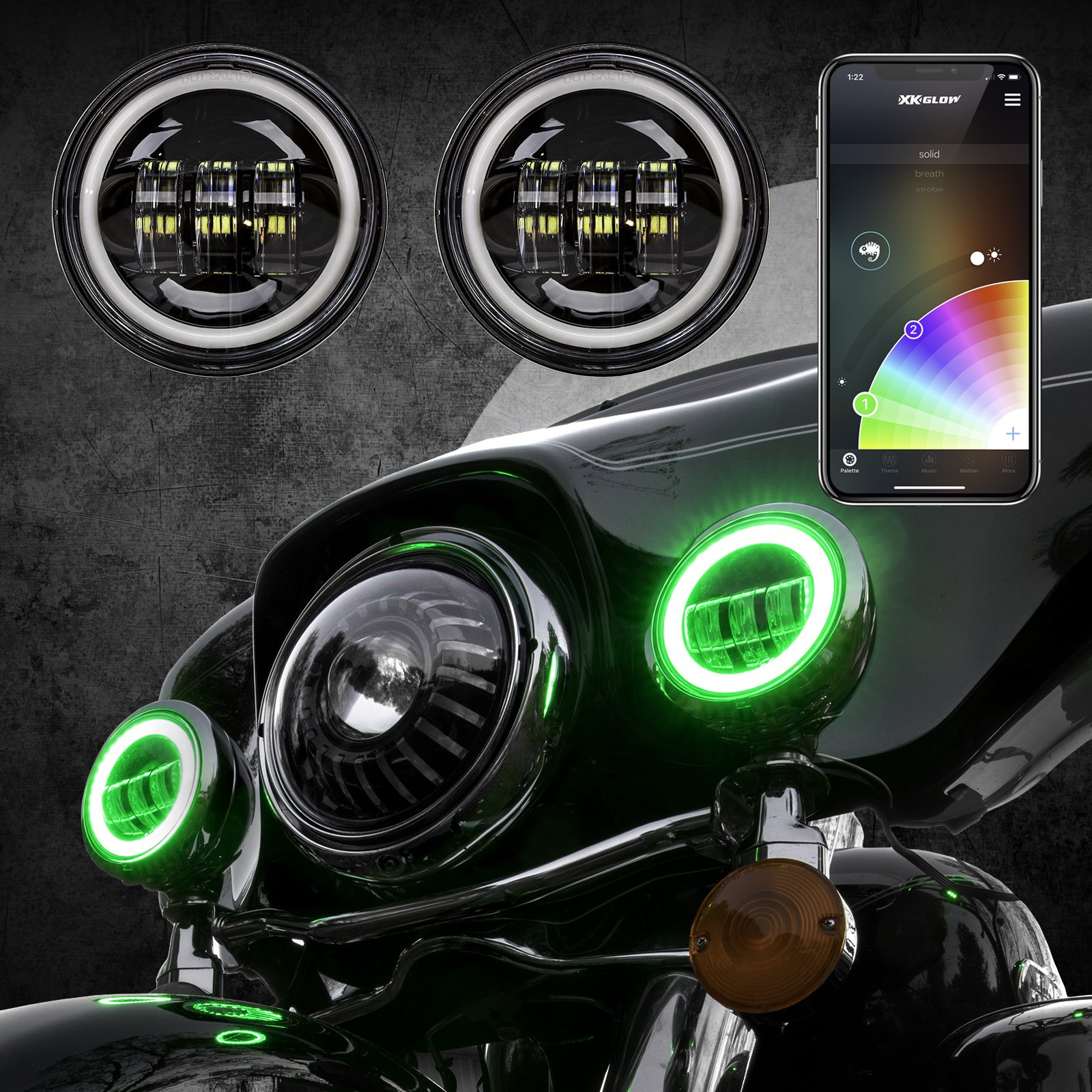 2pc Black Harley Running Light RGB Halo XKCHROME Smartphone App Controlled Driving Light kit with Wh