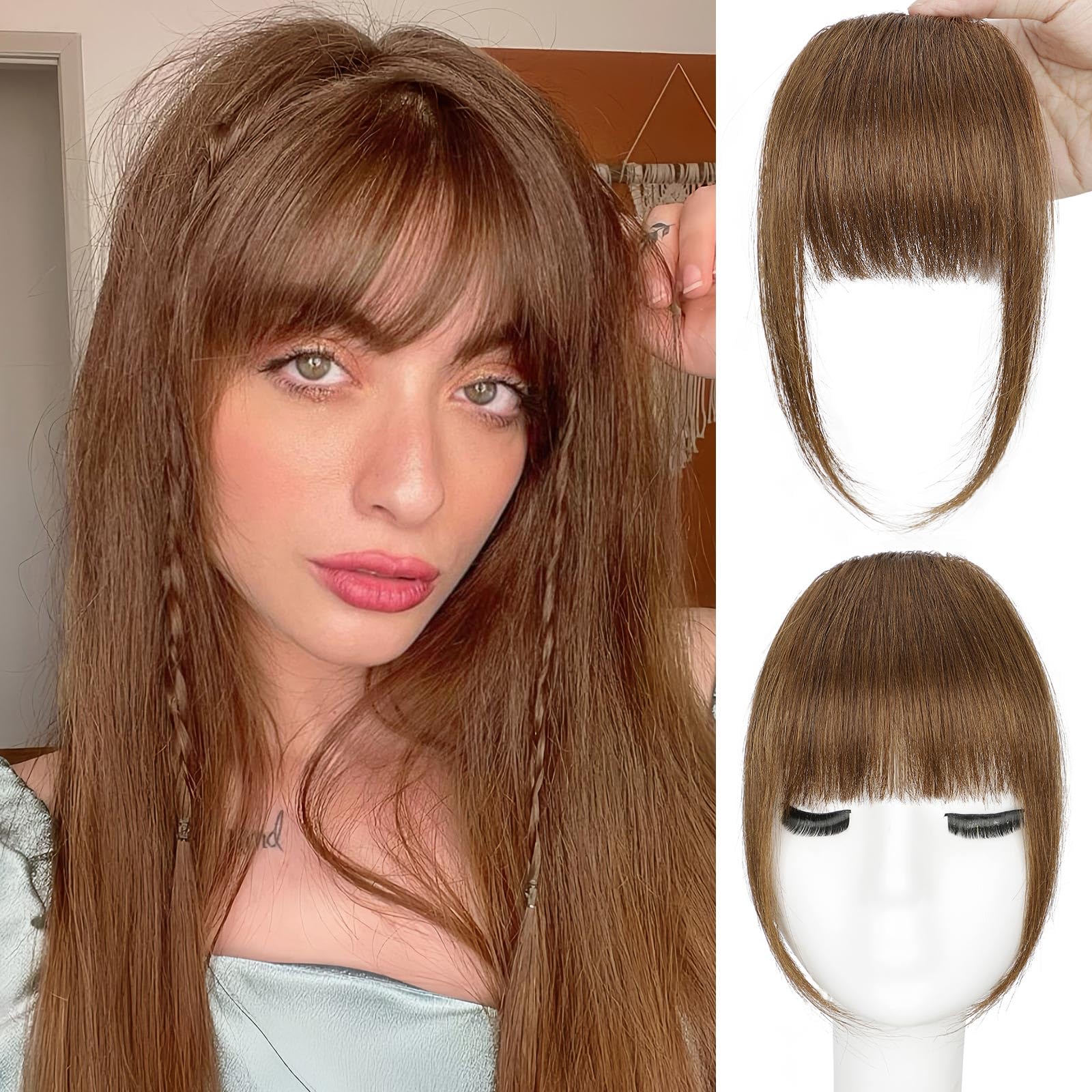 Photo 1 of BOGSEA Clip in Bangs, 100% Real Human Hair Fake Bangs Clip in Hair Extensions Fringe with Temples Hairpieces for Women Curved Curtain Bangs for Daily Wear (2 Clips,Light Brown)