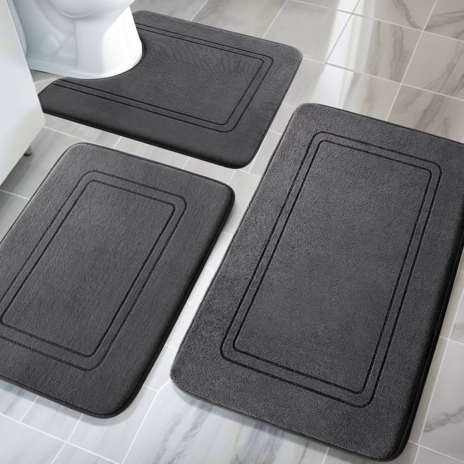Photo 1 of YIHOUSE Memory Foam Bath Mat Set, Non Slip Bath Mats for Bathroom, Super Soft and Water Absorbent Bath Rug Set, Machine Washable U Shape Toilet Mats, Dark Grey