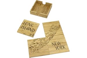 Totally Bamboo Long Island Puzzle 4 Piece Bamboo Coaster Set with Case