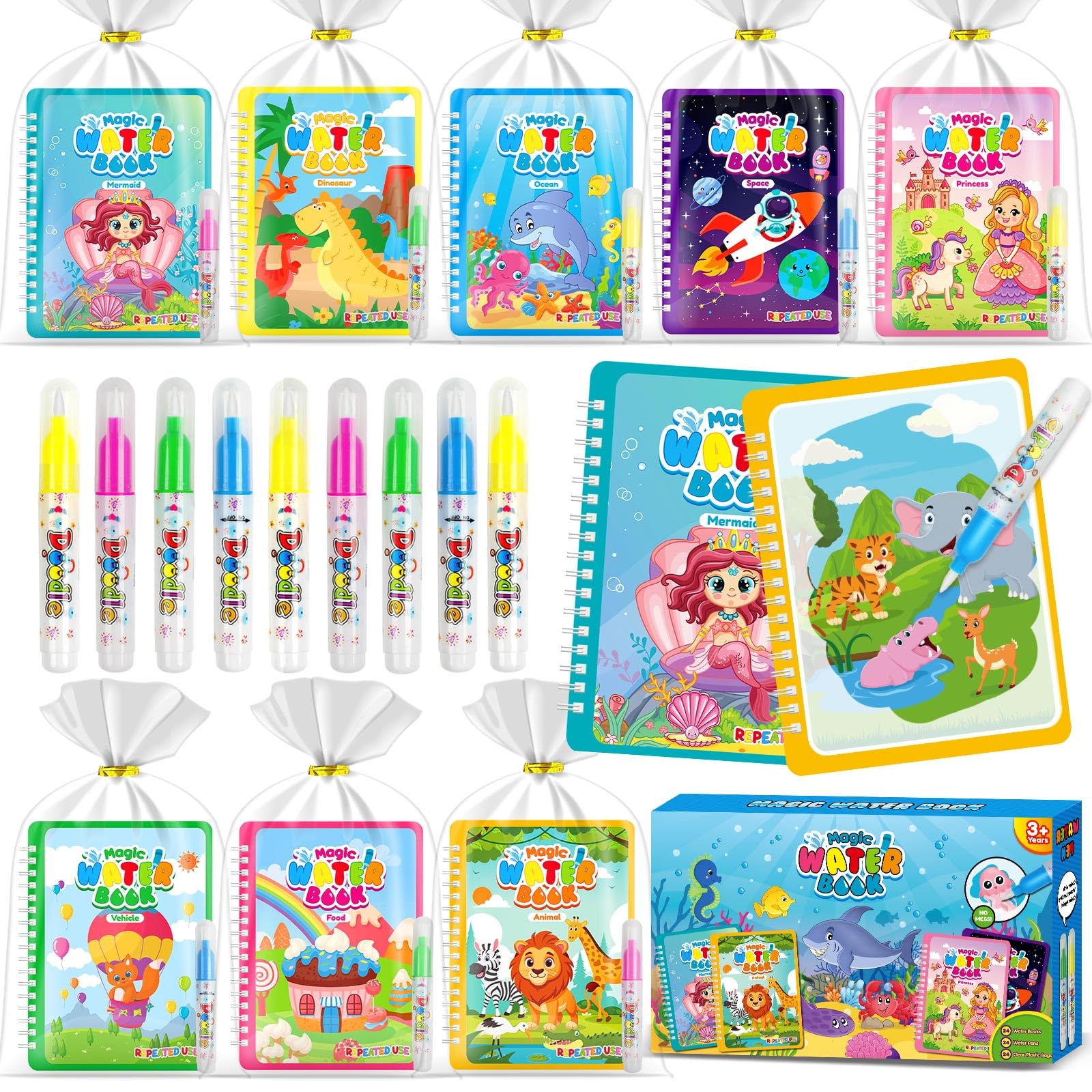 LIKYMO 24 Magic Water Colouring Books, Party Bag Fillers for Kids, Easter Gifts & Water Painting Books for Kids, Mess Free Colouring, Educational Travel Doodle Drawing Toys for Toddlers (Regular 24)