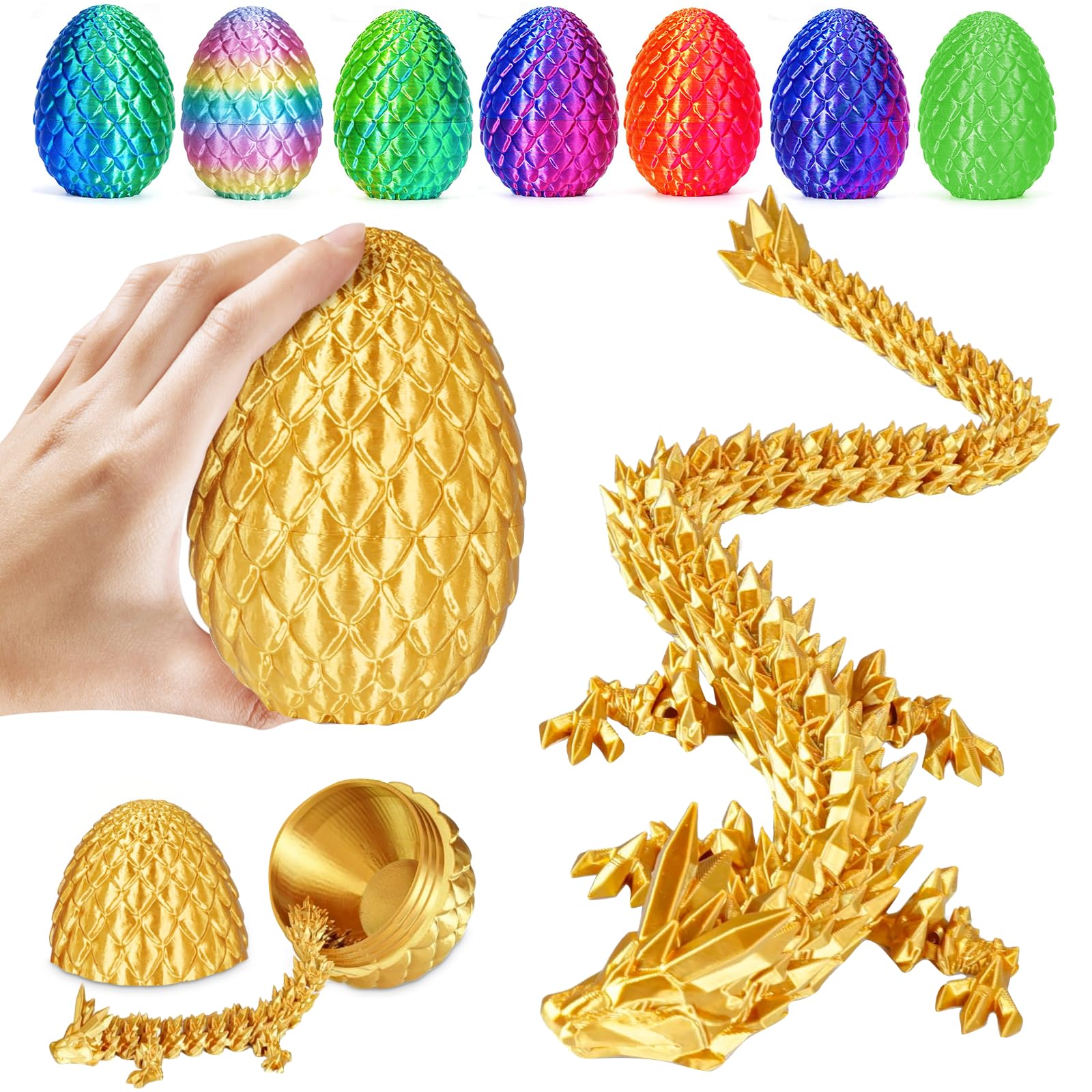 Photo 1 of 3D Printed Dragon Fidget Toys,12inch Flexible Dragon Toy 3D Printed Dragon Eggs with Dragon Inside,Easter Egg fillers,Easter Basket Stuffers,Easter Basket Essentials Fidget Toys(Gold)