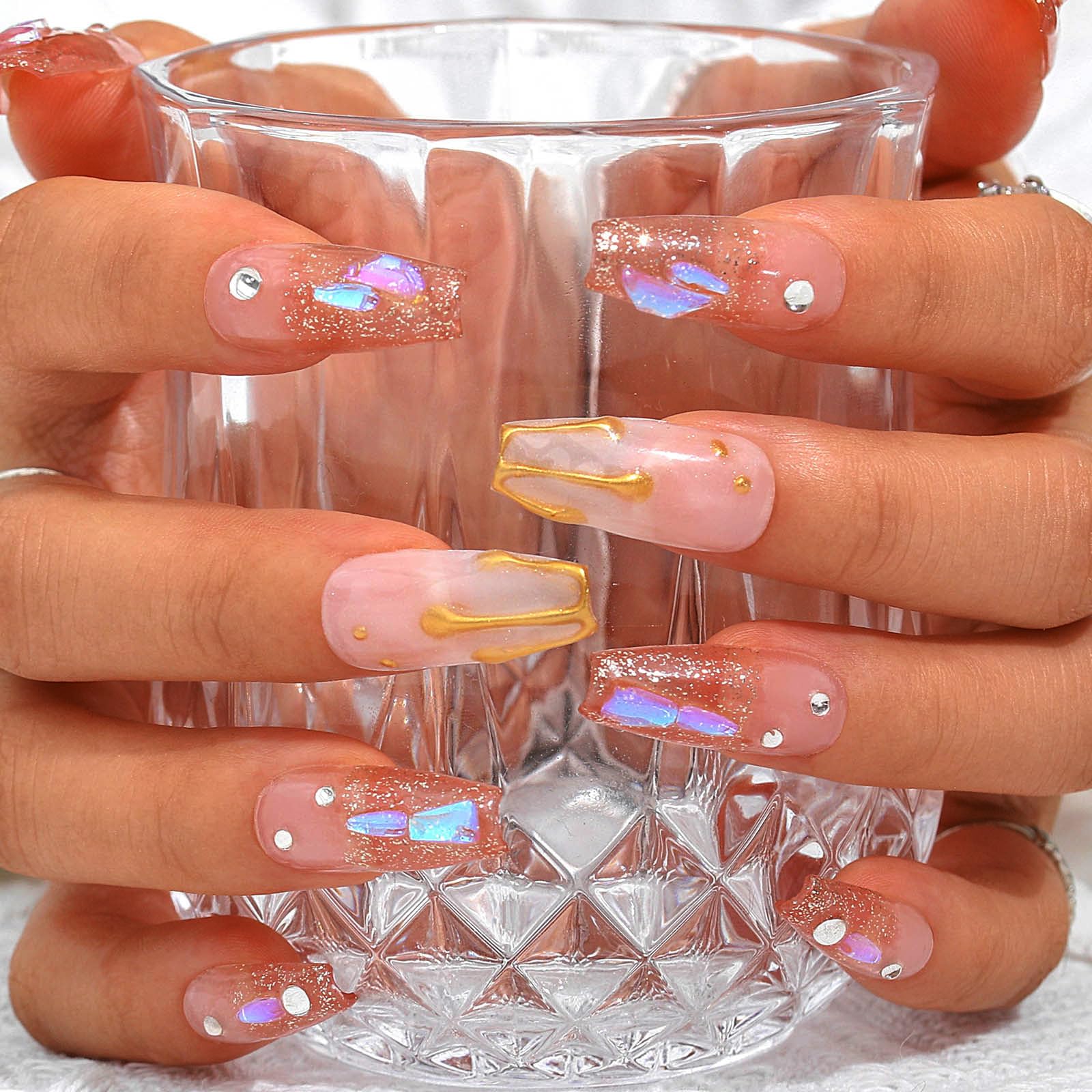 Sethexy French Long Coffin Pink False Nail Handmade Rhinestone Glitter Aurora Fake Nail 3D Crystal Glossy Press On Nails Acrylic Sparkle Stick On Nails Removable for Women and Girls(G)