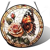 DASTOLL Stained Glass Window Hanging, Butterfly Picking Flowers Suncatcher for Doors Home Sun Catchers Decoration and Christmas, Mother's Day Birthday Gifts for Women, Men, and Mom 9.8 in
