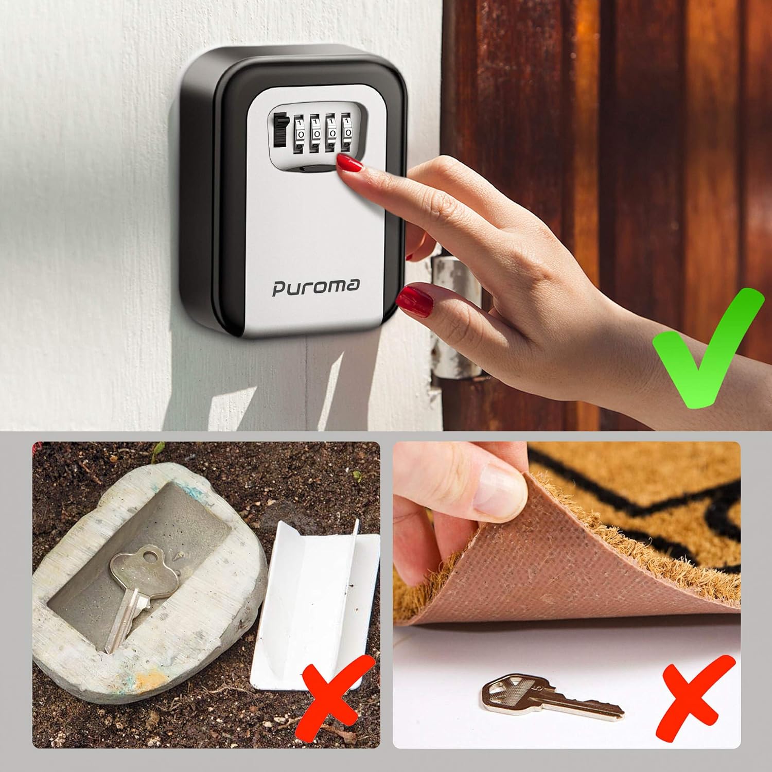 Puroma Security Key Lock Box, 4-Digit Combination Waterproof Portable Key Storage Lockbox Wall Mount 5 Key Large Capacity for House Key, Special Car Key, ID Card (Black & Gray) : Office Products