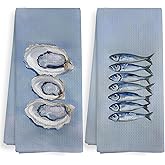 XNXLDYLH Summer Ocean Coastal Beachy Kitchen Towels and Dishcloths Sets of 2, Coastal Oyster Sardine Decor, Blue Ocean Beach Themed Nautical Decor Dish Hand Tea Towels for Bathroom Kitchen, 16x24 Inch