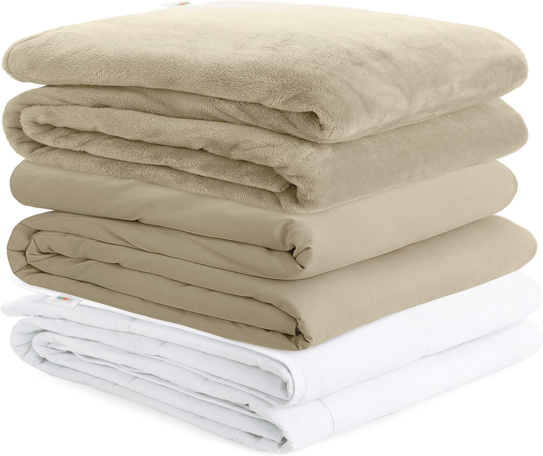Degrees Of Comfort Cooling Weighted Blanket with Removable Cover Cozyheat Minky Plush Coolmax Washable Covers Included | Weight Distribution with Premium Glass Beads | Twin Full Bed 48x72 15 lbs Tan