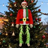 4 ft Hanging Skeleton Christmas Outfit Scary Skull Santa Dress for Outdoor Indoor Garden Halloween Xmas Party Decor