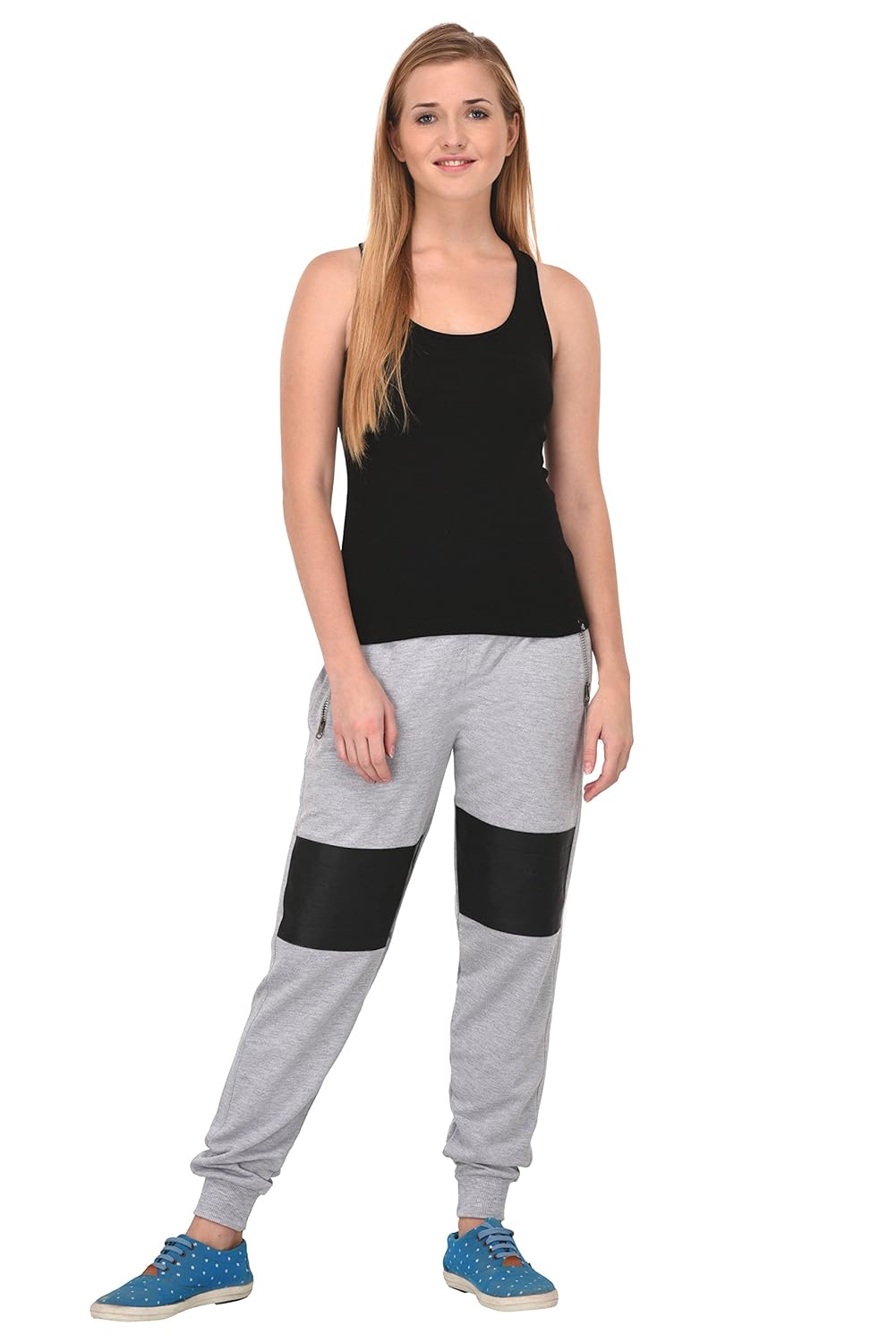 thread swag women's biker style cotton track pant with leather patch