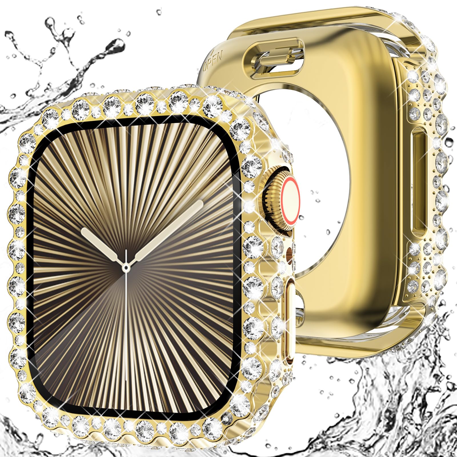WINGLE 2 in 1 Waterproof Case for Apple Watch Series 11 10 42mm Screen Protector Case, Bling Lace Edge Diamond Face Cover Glitter Rhinestone Protective Bumper for iWatch 11 10 Women, 42 mm Gold