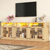 chartustriable 94.5" TV Stand for 85 90 100 inch TV, 2-Piece Farmhouse Media Console Table Set, Wood Entertainment Center with LED Lights and Glass Doors, Oak