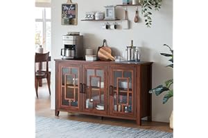 Joaxswe Large Sideboard Buffet Cabinet with Storage, 55" Farmhouse Kitchen Coffee Wine Bar Cabinet with 3 Glass Doors, Wood M