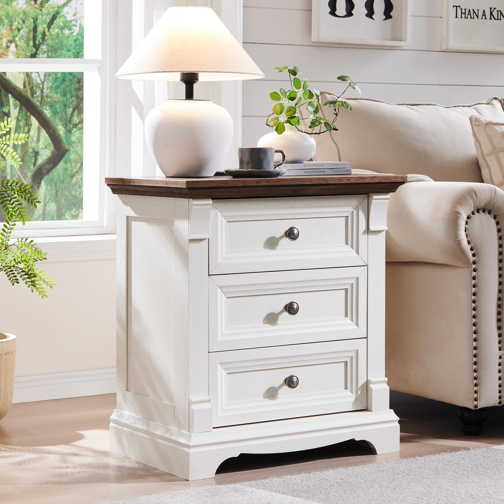 Farmhouse 26"H Nightstand Set of 2, 23.6"W End Table with Charging Station
