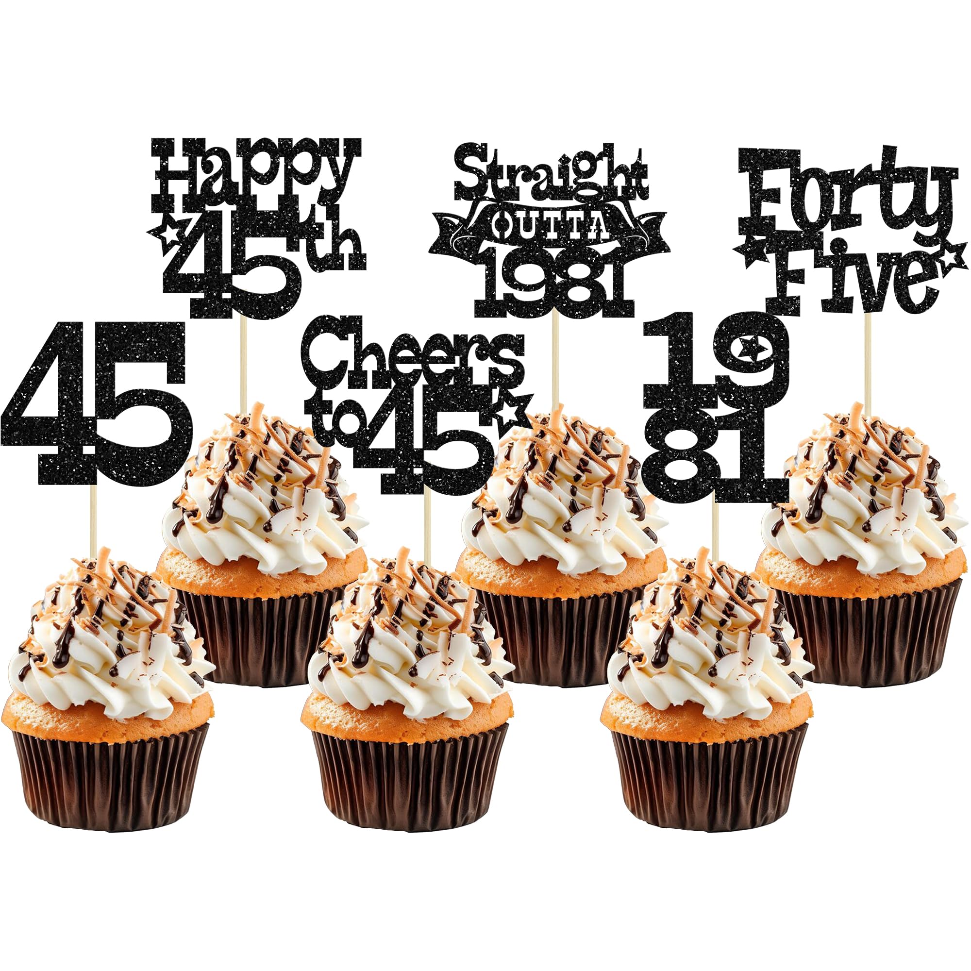 Ephlyn 30Pcs Straight Outta 1981 Cupcake Toppers Glitter Forty Five Happy 45th Birthday Cupcake Picks Cheers to 45 Years Cake Decorations for Happy 45th Birthday Anniversary Party Supplies Black
