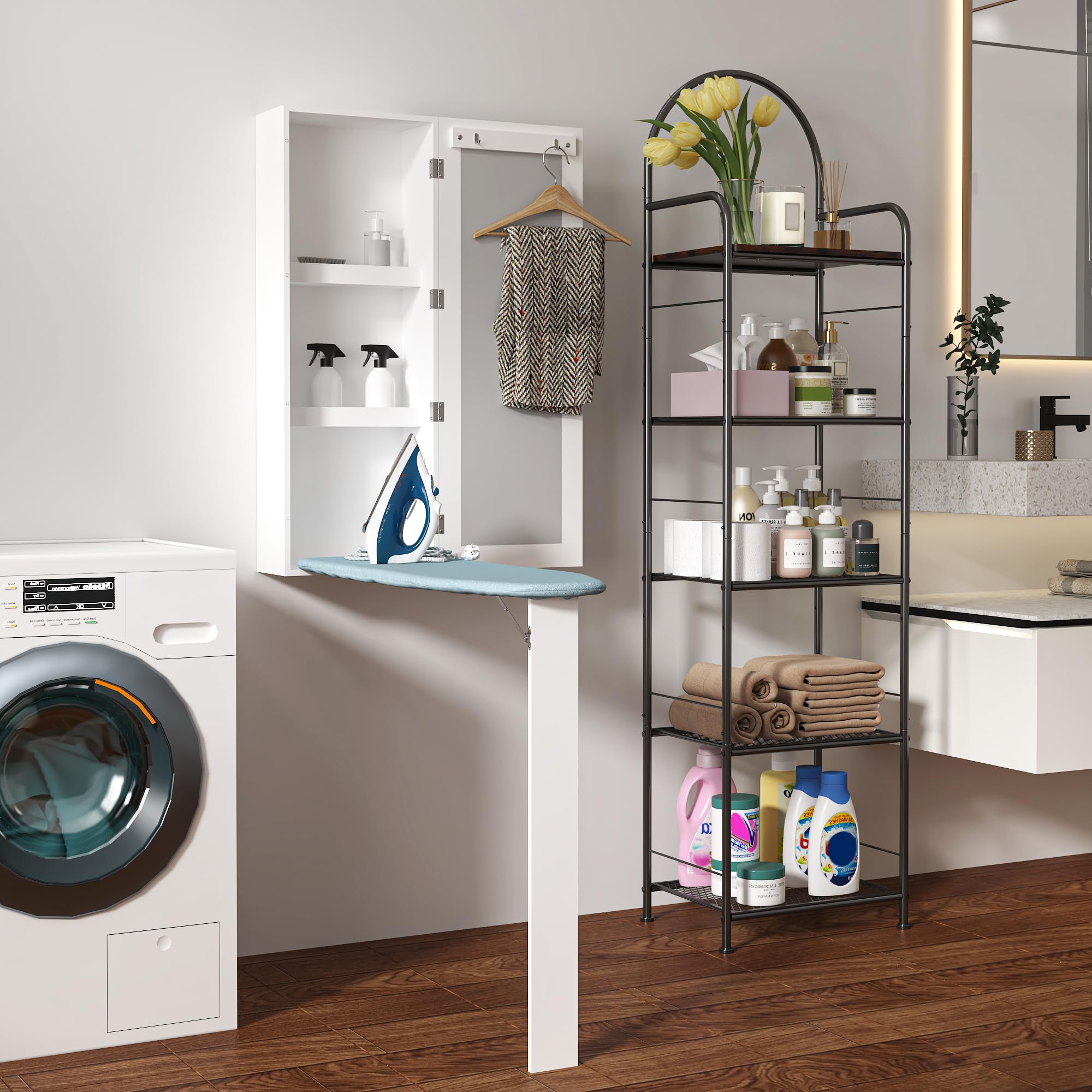 Wall Mounted Ironing Board with Storage Cabinet,Built in Ironing Board & Folding Support Leg, Wall-Mounted Mirrors for Home, Apartment & Small Spaces