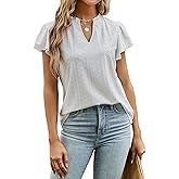 BMJL Women's Work Shirts Summer Ruffle Short Sleeve Eyelet Blouses V Neck Dressy Casual Tops