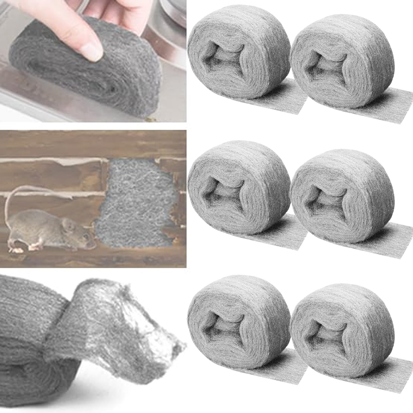BSITSSS 6 Pack Wire Wool 0000, Ultra Fine Steel Wool Mice Blocker, Wire Wool Mice for Cleaning & Closing Small Holes, 0000 Coarse Wire Wool Rats, 0000 Steel Wool for Polishing, Rodent Control