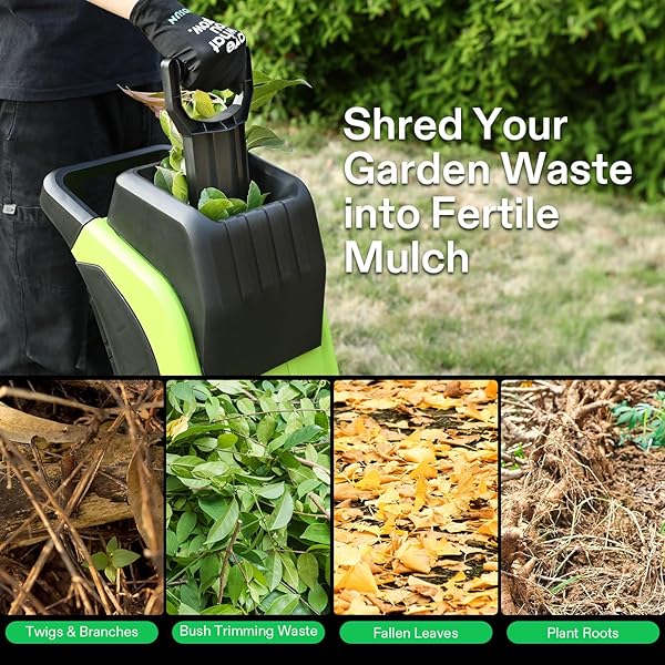 VIVOSUN 15-AMP ELECTRIC WOOD CHIPPER SHREDDER WITH 1.57″ HOPPER & 50L COLLECTION BAG, INCLUDES PLUNGER, EXTRA CARBON BLADES, SAFETY GOGGLES & GLOVES FOR YARD WASTE, BRANCHES, AND LEAVES (GREEN)
