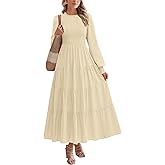 PRETTYGARDEN Women's Long Sleeve Spring Maxi Dresses 2026 Casual Smocked Trim Neck Swiss Dot Flowy Formal Wedding Guest Dress