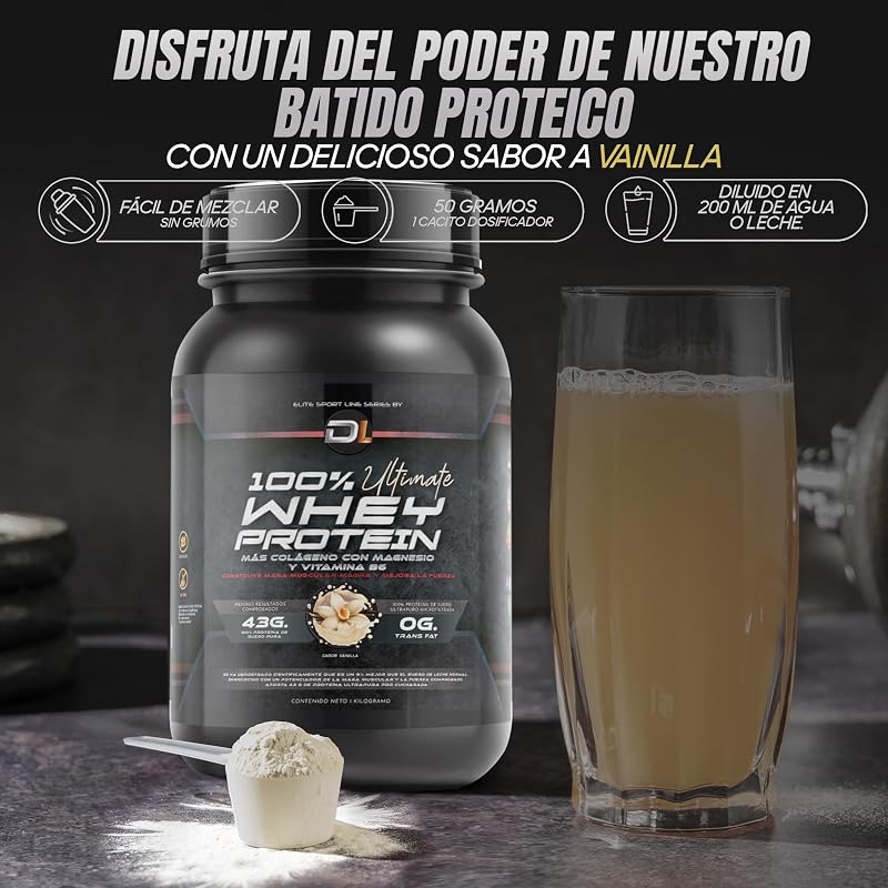 Proteína de Soro | Proteína em Pó com Colagénio, Magnésio e Aminoácidos | Aumenta a massa muscular | Apoia o desenvolvimento e recuperação muscular | Proteína fácil de digerir | Sabor a Baunilha 1kg