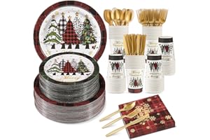 NatNarr 350 Pcs Christmas Paper Plates and Napkins Set, Buffalo Plaid Xmas Tree Disposable Dinnerware Set Holiday Party Plates for Xmas Winter New Year Holiday