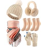 Geyoga 6 Pcs Winter Hat Scarf Gloves Set Knitted Touchscreen Gloves Plaid Scarf Earmuffs Socks Gift for Women Men