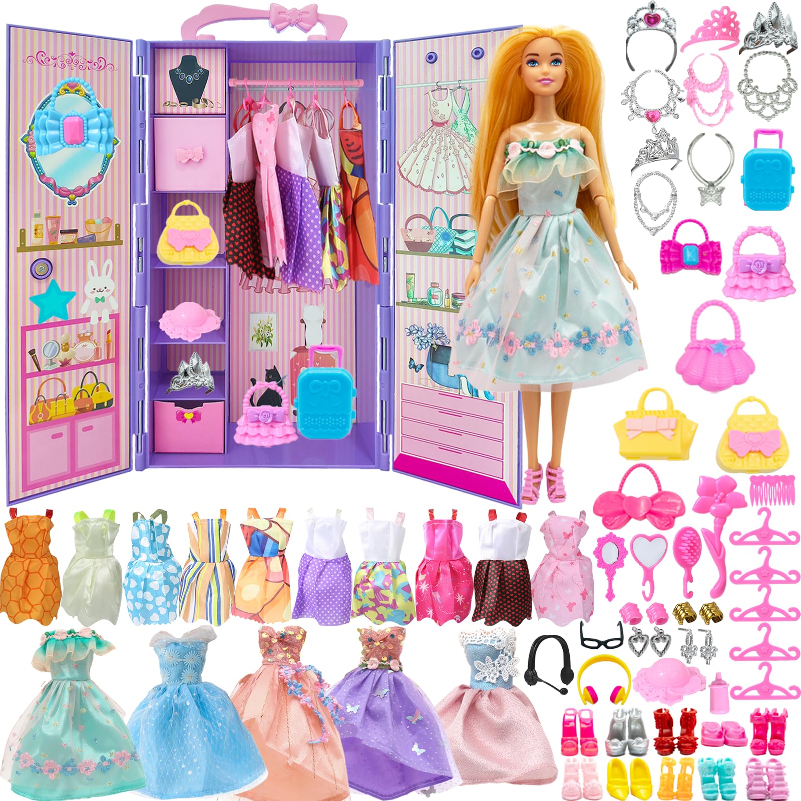 Yutoy 68Pcs Fashionistas Dream Wardrobe with Doll and Clothes and Accessories Suitable for 11.5 Inch Doll Girl Dress Up Kit Includes Wardrobe Wedding Dresses Shoes Bag Hanger - Red — image 1