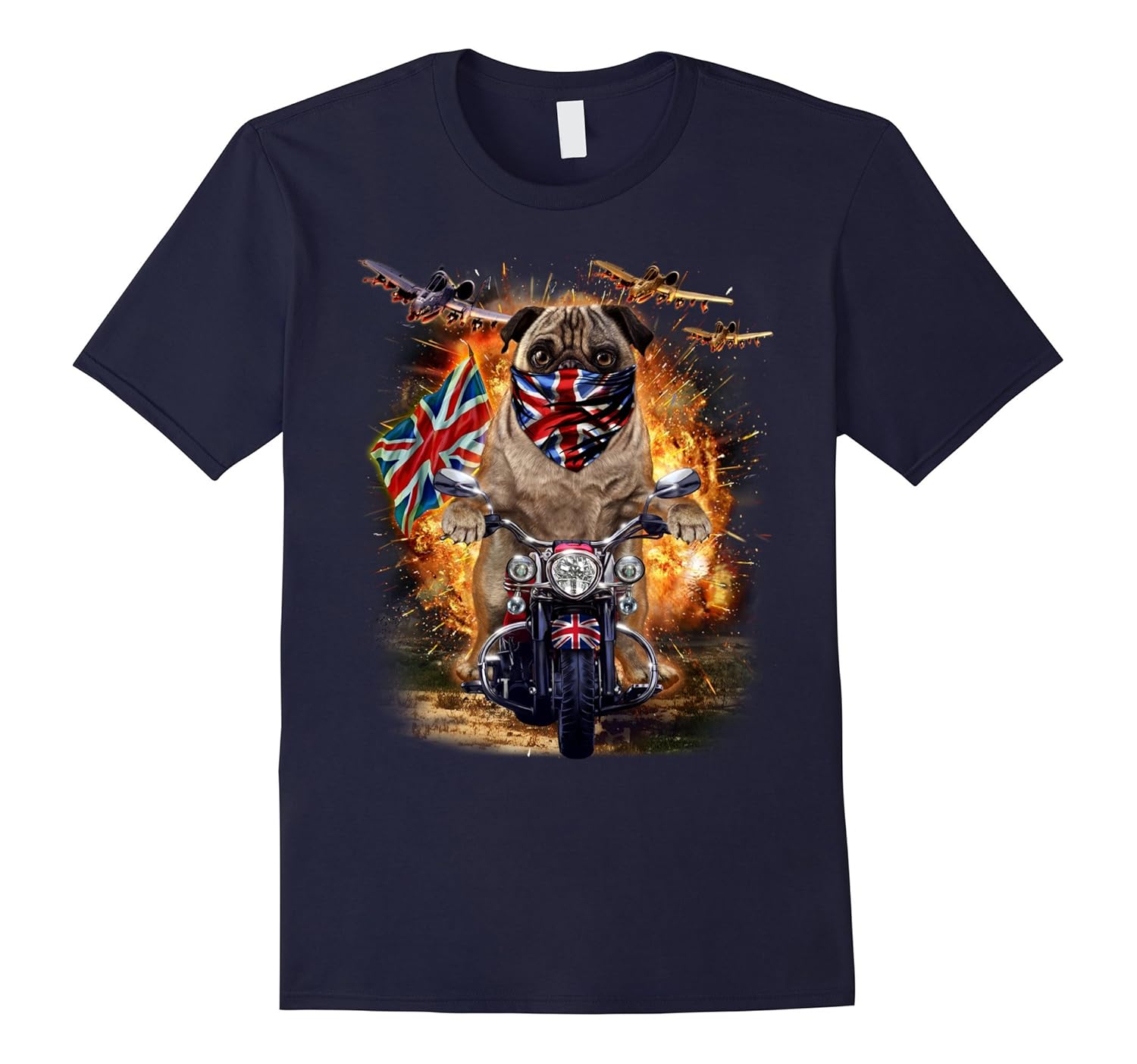 Grumpy Pug Ride Motorcycle in Union Jack Bandana Dog T-Shirt-ANZ