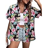 MYHALF Women Hawaiian Shirt Soft Cool Summer Hawaii Shirts Floral Tropic Print V Neck T-Shirt Short Sleeve Button Up Tops