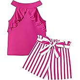 MIGU Girls Clothes Summer Halter Neck Ruffle Sleeveless Top Fashion Cute Floral Belt Shorts Two Piece Outfit Set Size 6-12