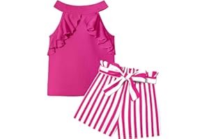 MIGU Girls Clothes Summer Halter Neck Ruffle Sleeveless Top Fashion Cute Floral Belt Shorts Two Piece Outfit Set Size 6-12