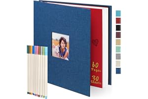 COLEMOLY Self-adhesive Photo Album Scrapbook 60 Sticky Pages(11x10.6inch) Blue Linen for All Size Pictures,With 10 Metallic Pen, for Halloween Honeymoon Wedding Anniversary Graduation Vacation Pet Couple