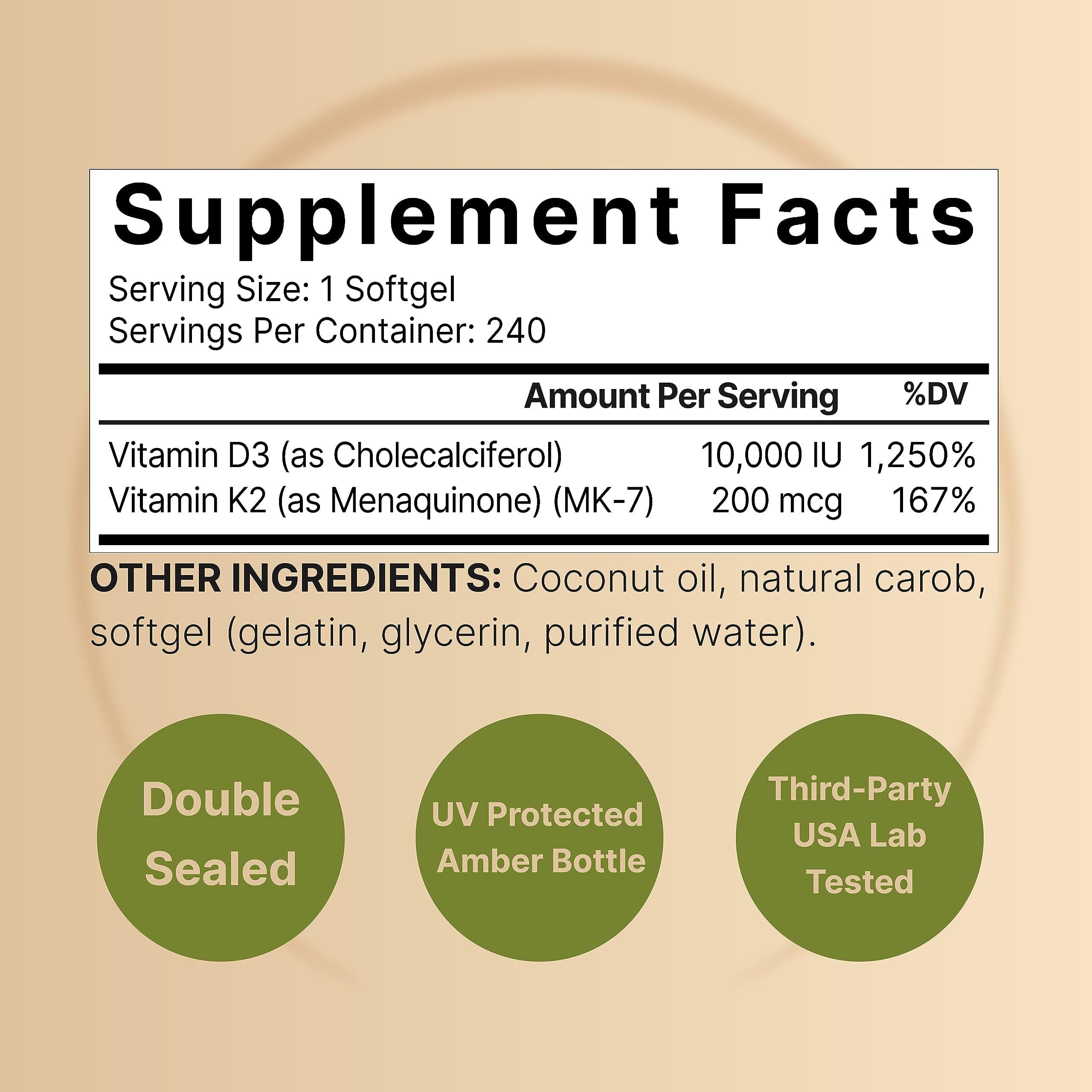 NatureBell Vitamin D3 10,000 IU + K2 200 mcg, 240 Softgels | Daily High Potency Formula with Coconut Oil | Bone, Heart & Immune Support | MK-7 Form | Non-GMO