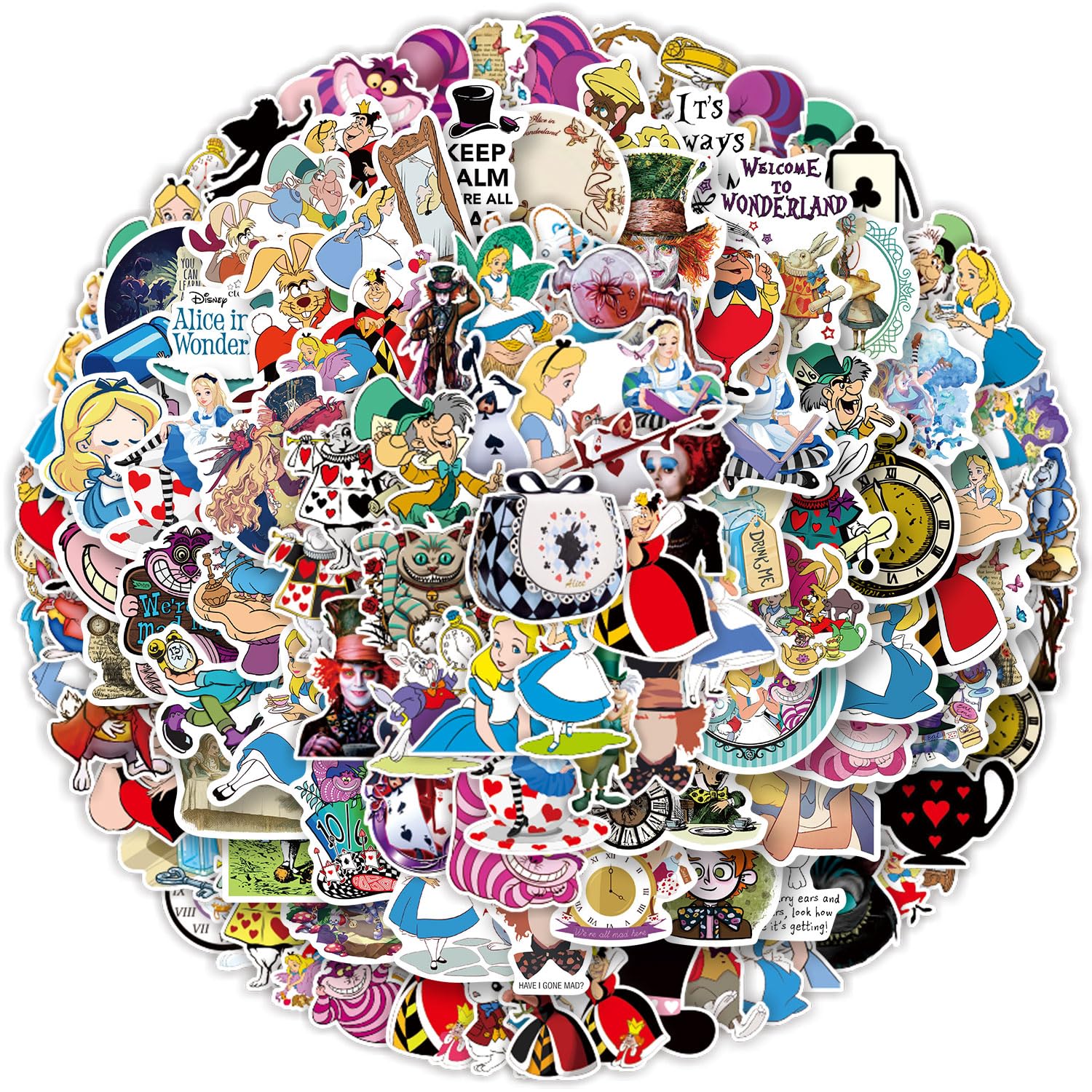 Photo 1 of 110Pcs Alice in Wonderland Stickers Cute Cartoon Waterproof Vinyl Decal for Waterproof Vinyl Cute Stickers for Water Bottles, Laptop, DIY Decoration,Scrapbook, Skateboard, Phone