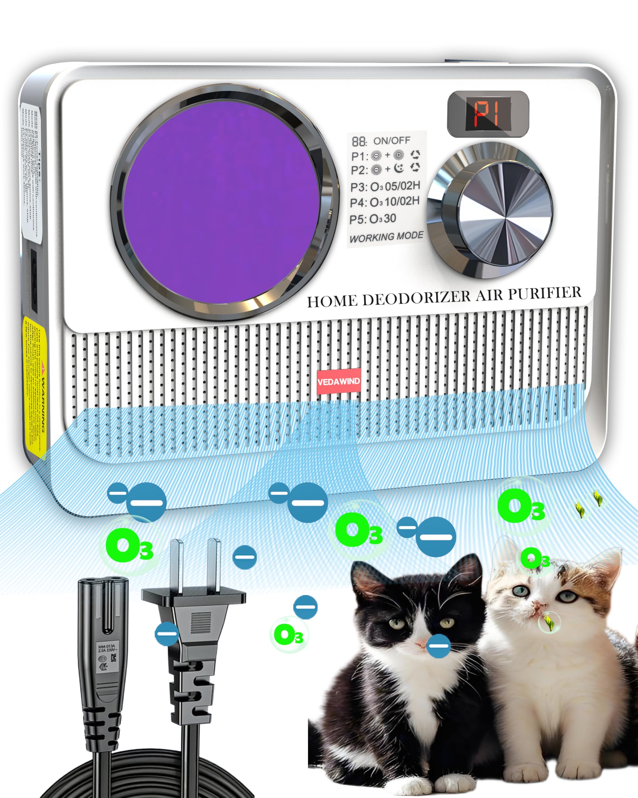 Vedawind 3-in-1 Air Purifier, Cat Litter Deodorizer, Air Freshener for Home with Ozone, Ionizer, U Light – Reduce Pets Poof Odor, Litter Smell, Smoke, Dust,Plug-in to Use