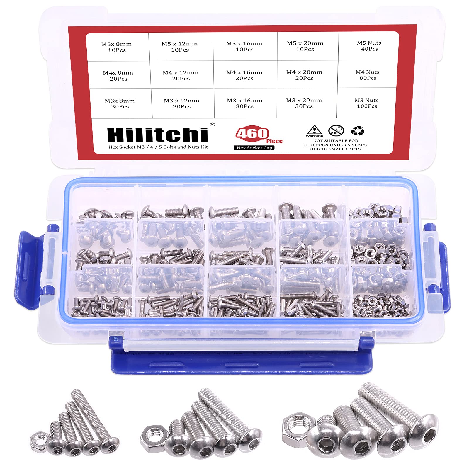 Hilitchi 460-Piece M3 M4 M5 Stainless Steel Button Head Hex Socket Head Cap Bolts Screws Nuts Assortment Kit