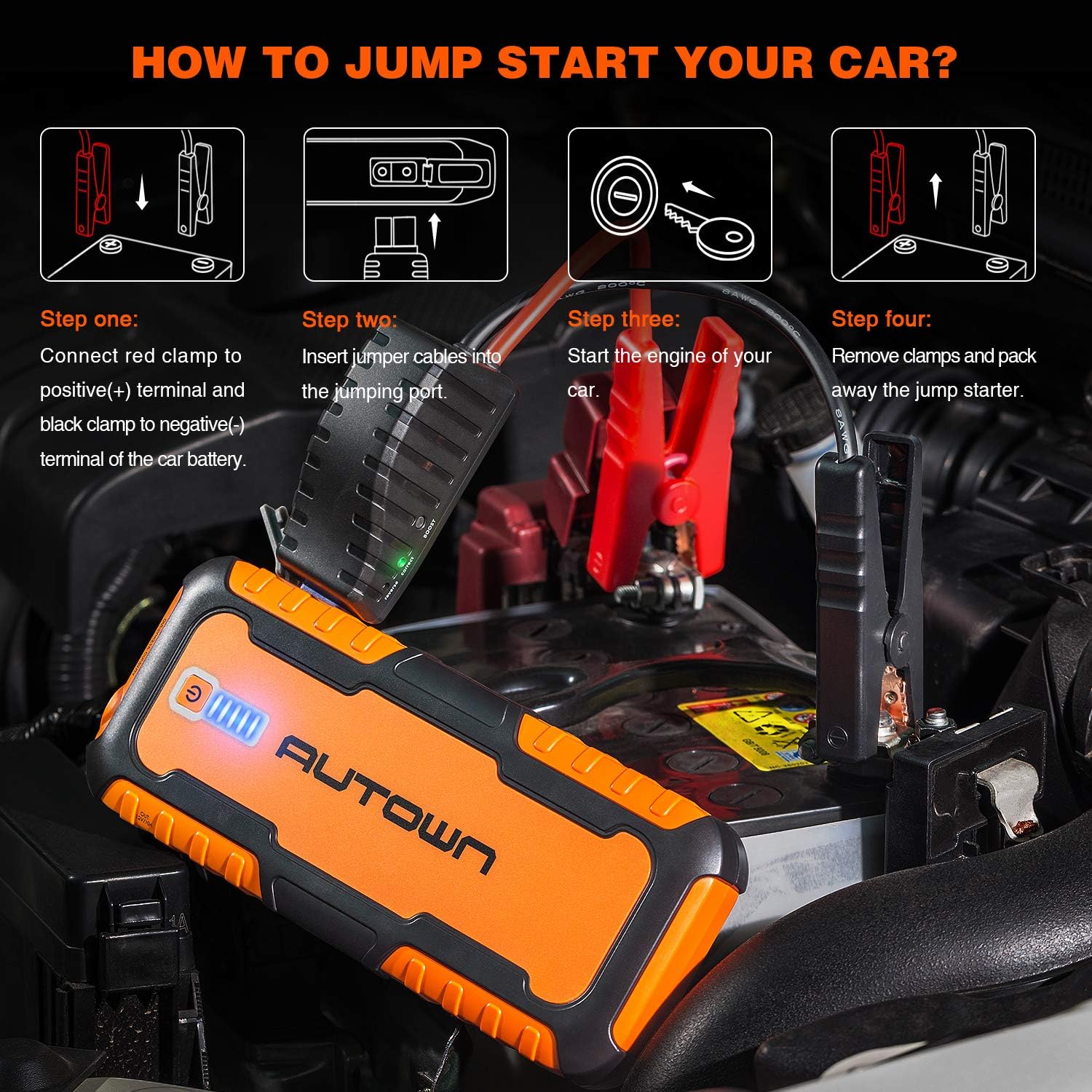 AUTOWN Car Jump Starter - 21000mAh 1000A Peak, 12V Auto Battery Booster with Quick Charge (Up to 8.0L Gas, 6.5L Diesel Engine), Portable Power Pack & Jump Box with Smart Jumper Cables and LED Light: Automotive