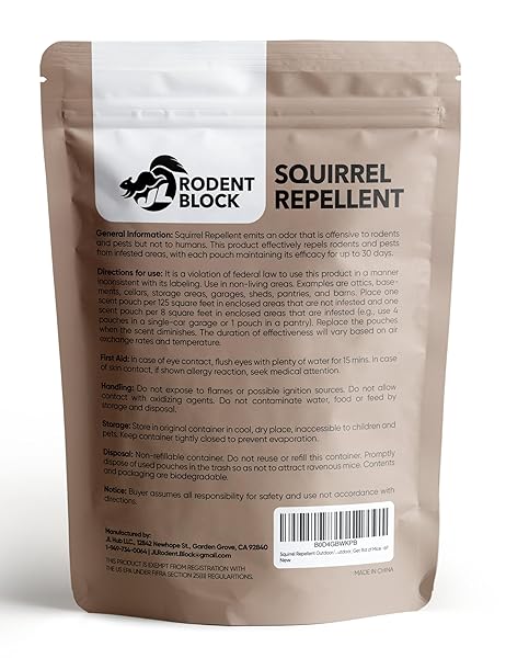 JL RODENT BLOCK SQUIRREL REPELLENT POUCH 6-PACK – POWERFUL AGAINST MICE, RACOONS, CHIPMUNKS, SNAKES, MOSQUITOS, ANTS. ALL NATURAL INGREDIENTS, REFILLABLE MESH BAG & CARABINER FOR HANGING