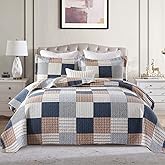 Finlonte Quilt King Size - 100% Cotton King Size Comforter Set Navy Brown White Plaid Farmhouse Quilt Bedding Set, Reversible Lightweight Soft Bedspread, Quilted Coverlet All-Season, 3-Piece