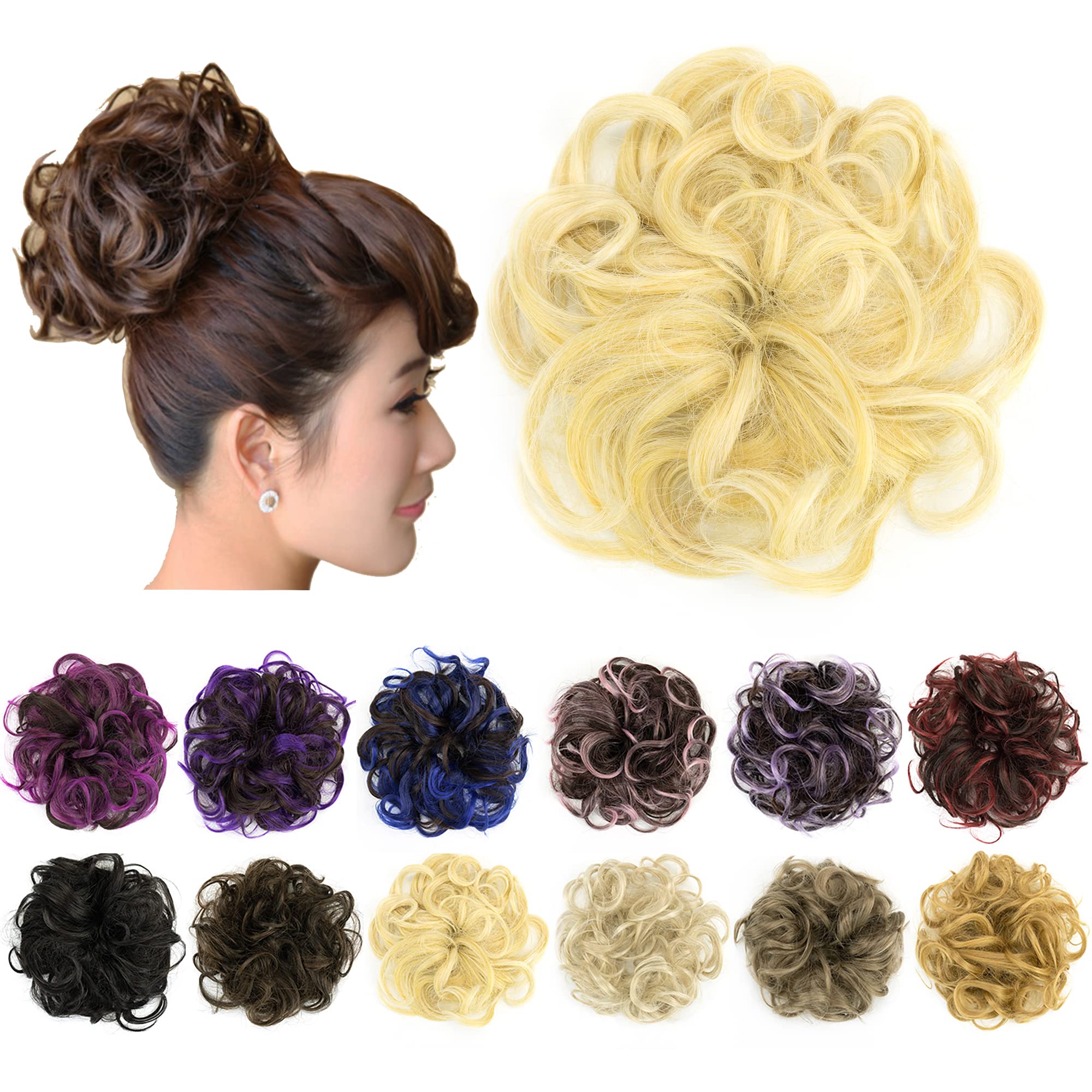 IMISSU 2PCS Messy Bun Hair Piece Updo Fake Scrunchies Ponytail Extension Wavy Curly Hairpieces Chignon Headband for Women Girls (2PCS Blonde)