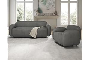 PaPaJet Sofa, Modern Cloud Couch with Soft Boucle Upholstered, 2 Piece Set, 3 Seater and Single Seat Comfy Couch for Living Room Home Office- Sherpa Curved Grey Couch