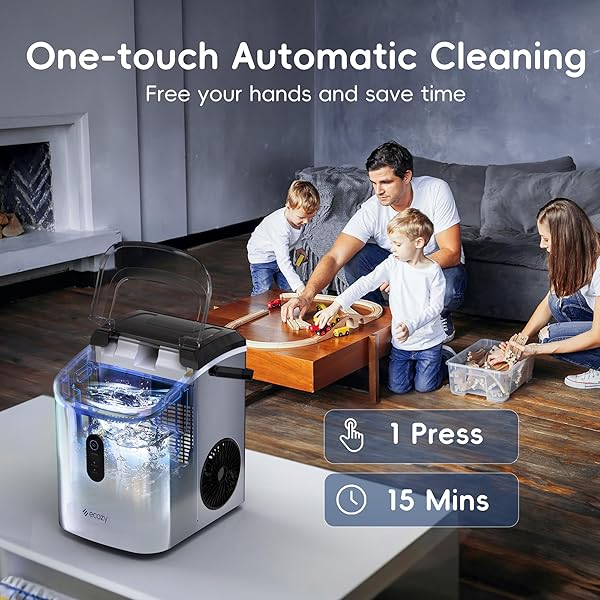 ECOZY NUGGET ICE MAKER COUNTERTOP WITH HANDLE, PEBBLE ICE IN 5 MINS, 33 LBS PER DAY, SELF-CLEANING ICE MACHINE WITH ICE BAGS AND SCOOP, PORTABLE ICE MAKER FOR KITCHEN, BAR, PARTIES, CAMPING, RV