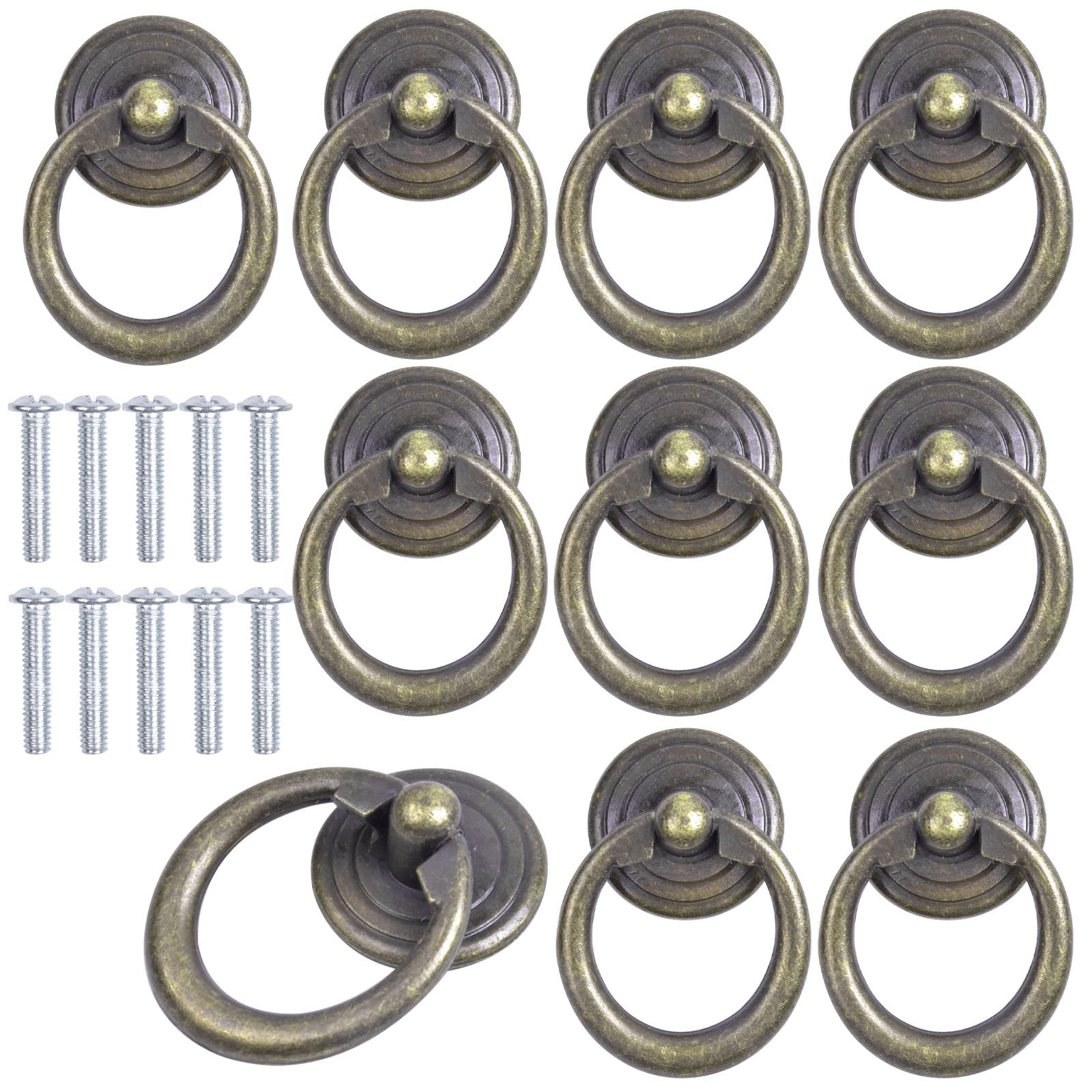 smatime 10 Pcs Antique Drawer Ring Handles Metal Single Hole Ring Pull Knobs Round Vintage Cabinet Drop Ring Pull Handles for Kitchen Cabinet Cupboard Drawer Dresser Furniture Decoration, Retro Bronze